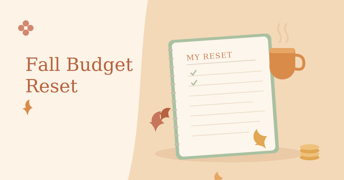 A cozy autumn desk scene with an open budget planner, a warm drink, and small maple leaves scattered nearby