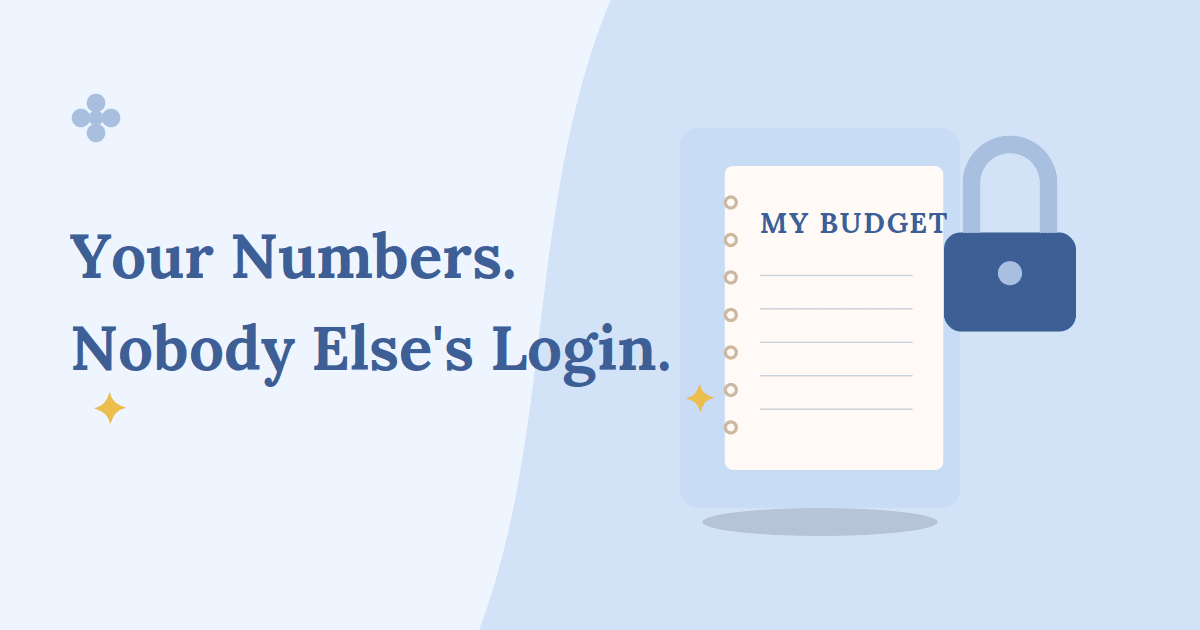 A budget notebook next to a padlock icon, representing a budgeting app with no bank connection required