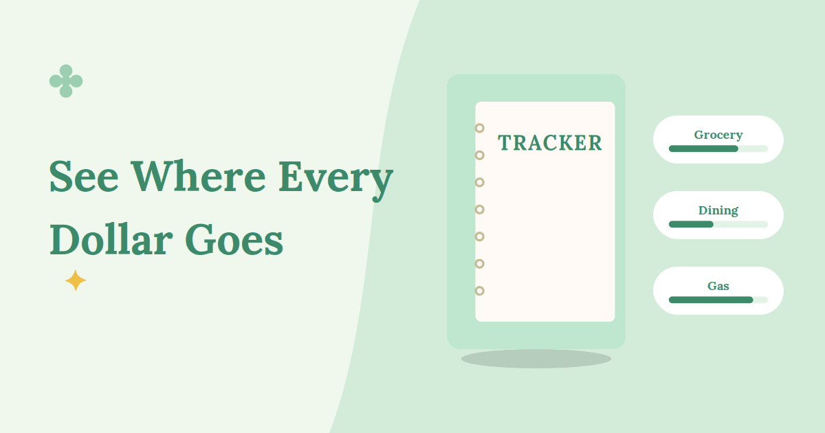 A spending tracker notebook next to three category cards with progress bars for grocery, dining, and gas