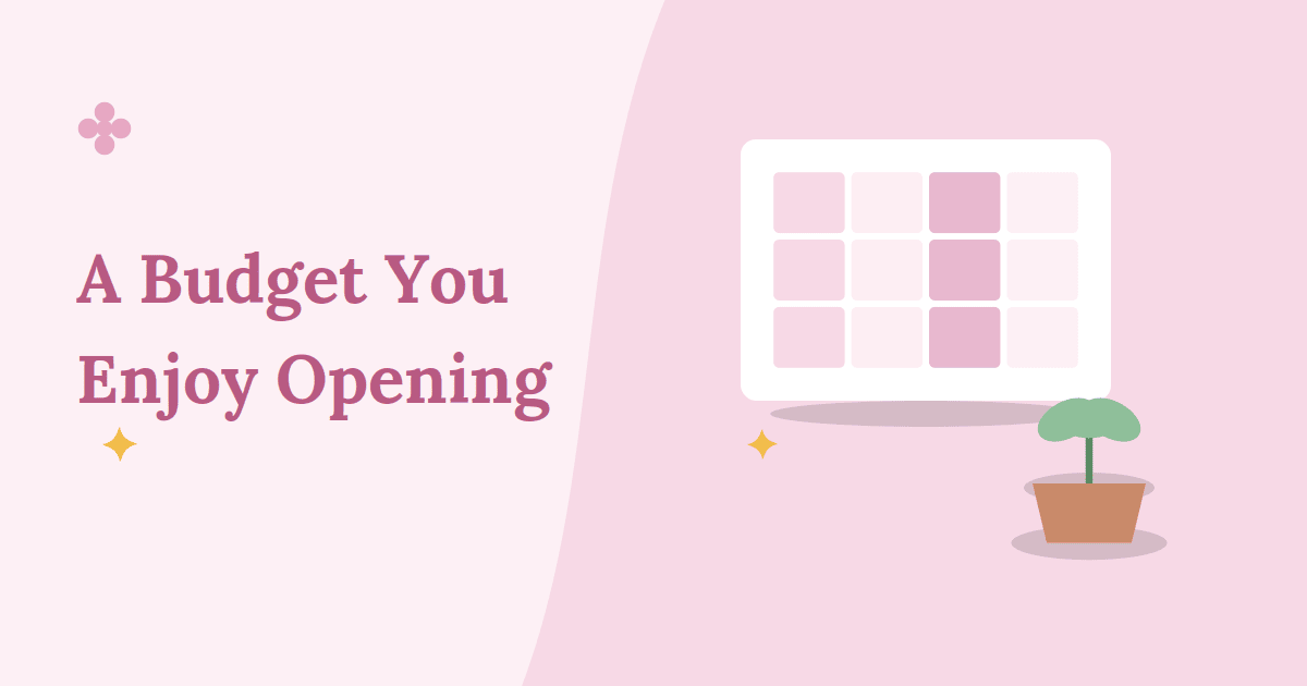 A colorful pastel spreadsheet grid next to a small potted plant, representing a calmer budgeting alternative