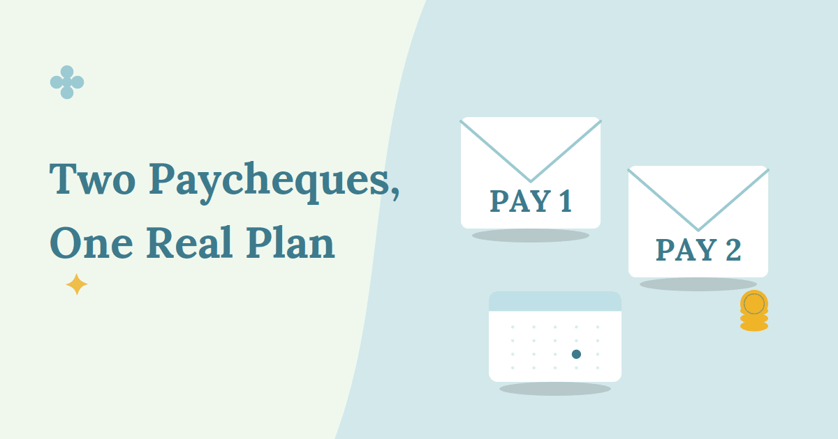 Two paycheque envelopes labeled Pay 1 and Pay 2 beside a small calendar and a stack of coins