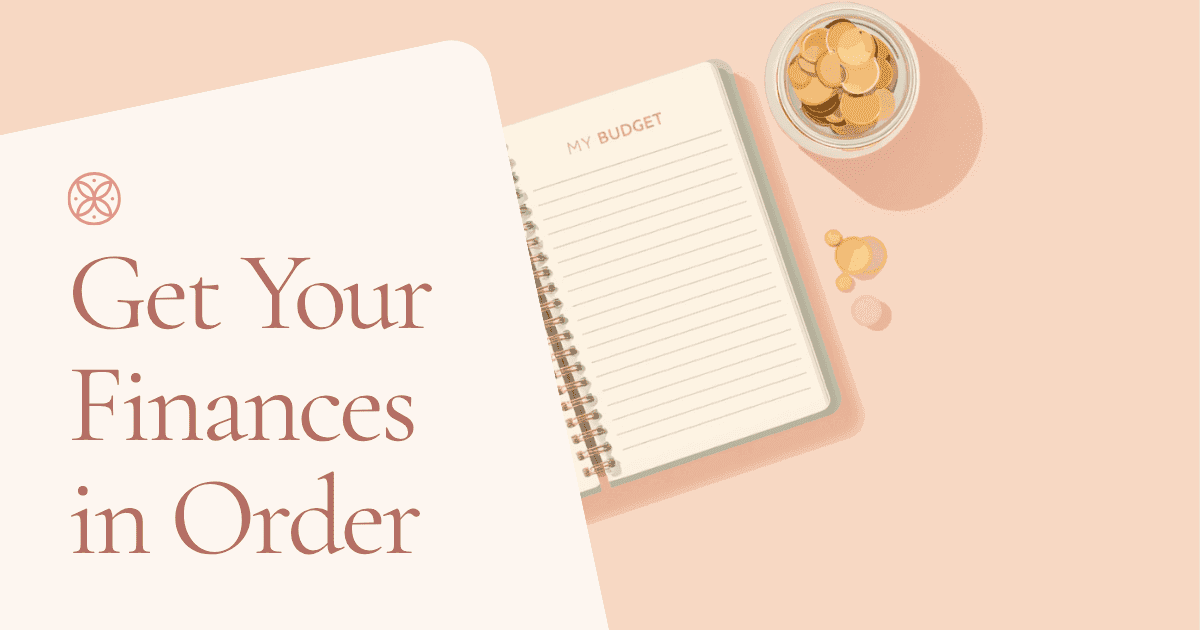 A budget notebook with handwritten income and expense lines, next to a small jar of coins
