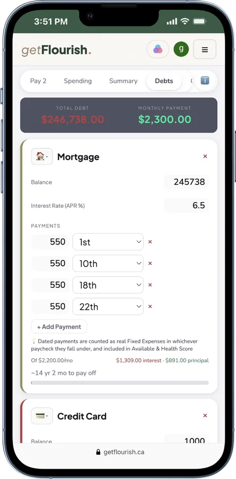 Debt payoff screen with total debt and monthly payment