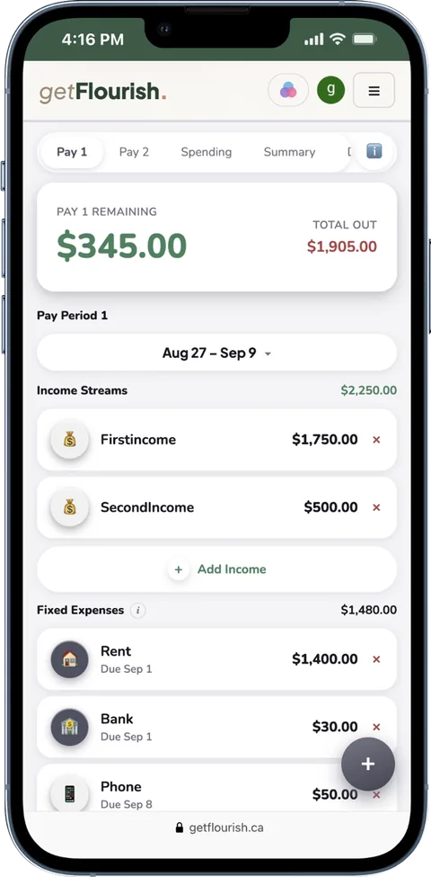Pay period view showing multiple income streams and fixed expenses